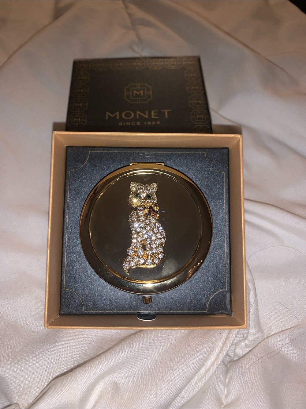 MONET Gold Cat Compact Mirror with Crystal Accents